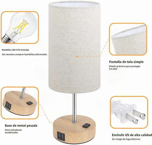 Vista 5 de Lámparas de mesita de noche con 2 puertos de carga USB y salida de CA, juego de 2 mesas de noche con base de madera de control táctil, lámparas Crema