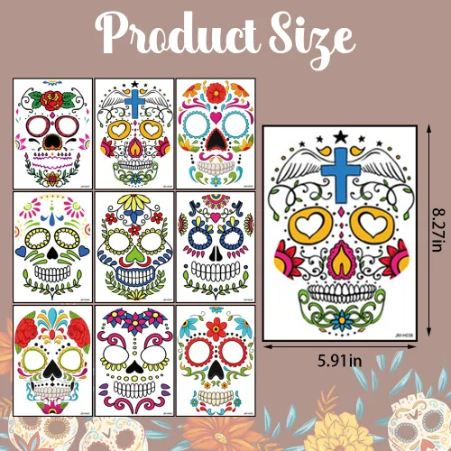 Vista 2 de Hying 9 tatuajes temporales del Día de los Muertos, tatuajes de esqueleto de Halloween, tatuajes faciales de calavera floral de azúcar, calcomanías