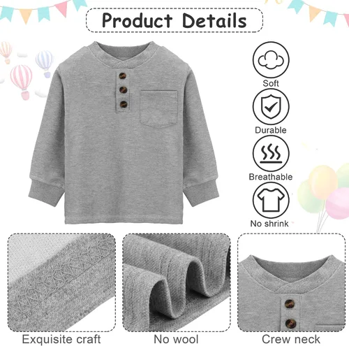 Vista 3 de Cooraby Paquete de 4 camisetas de manga larga para niños pequeños a rayas con bolsillo de algodón suave