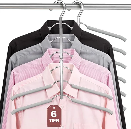 Vista 9 de Perchas de ropa que ahorran espacio, 6 niveles antideslizantes para camisas Beige