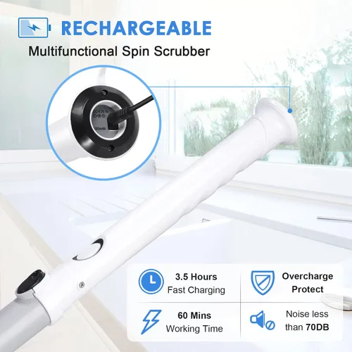Vista 5 de Cepillo de limpieza eléctrico giratorio inalámbrico con mango largo desmontable ajustable y 4 cabezales de cepillo reemplazables, suministros