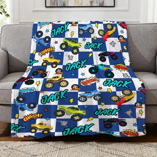 Vista 20 de Manta de Bebé Personalizada con Camiones de Construcción Personalizados Camión Volquete Mantas con Nombre para Niños y Niñas Manta Suave de Arrullo