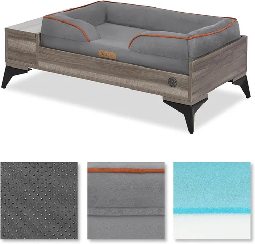 Vista 8 de Cama de madera para perros con colchón, elevada de pequeña a media, resistente al agua, cama para mascotas de madera con almacenamiento, certificado