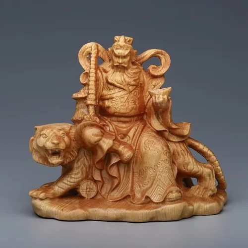 Vista 2 de Feng Shui Dios de la riqueza Tsai Shen Yeh sentado en tigre, estatua de tigre tallada en madera maciza, adornos de Zhao Gongming para decoración
