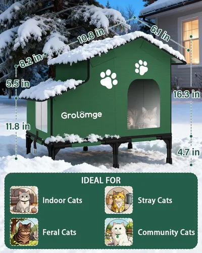 Vista 6 de Gran casa de gatos climatizada al aire libre para múltiples gatos, refugio con techo de aguja aislada y resistente a la intemperie