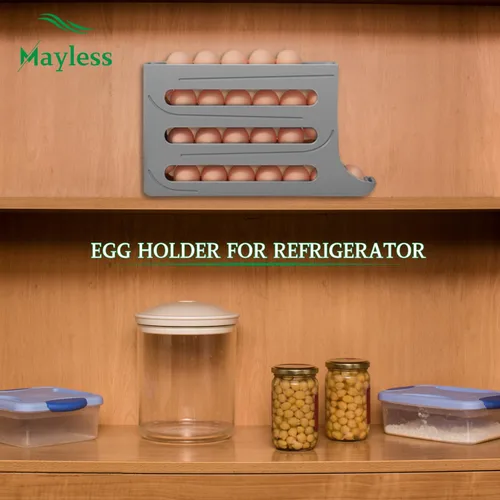 Vista 4 de Soporte para huevos para nevera, organizador de huevos de nevera con ruedas automáticas, estante de huevos para refrigerador. (gris)