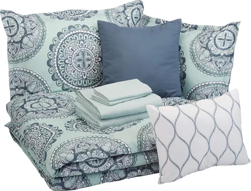 Vista 8 de Amazon Basics Juego de edredón Queen, microfibra suave, lavable a máquina, color acuarela azul con estampado floral, 10 piezas