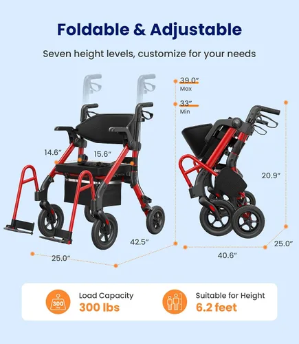 Vista 6 de VOCIC Andadores para personas mayores, Z55 Combo andador y silla de ruedas 2 en 1, reposapiés sin doblez, andador con ruedas grandes de 25.4 cm