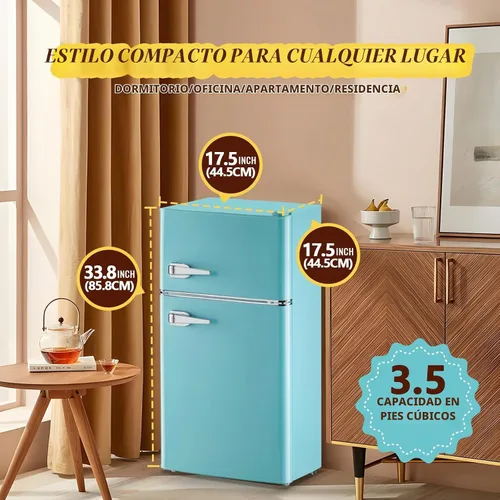 Vista 7 de Mini nevera con freezer, refrigerador pequeño de doble puerta con estantes de vidrio extraíbles, 7 ajustes de temperatura, mango desmontable