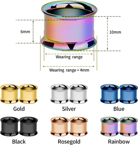 Vista 4 de Conjunto de 12 piezas de plugs, túneles, aros, calibradores para oreja, a rosca, de acero inoxidable y coloridos, de Longbeauty