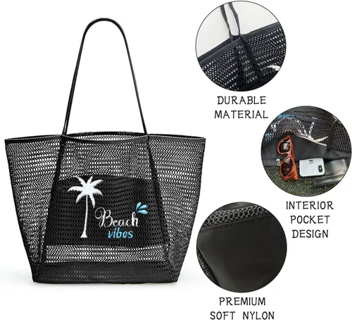 Vista 2 de ukia Bolsa de playa de malla, bolsas de playa de gran capacidad para mujer, bolsa de playa plegable con bolsillo con cremallera