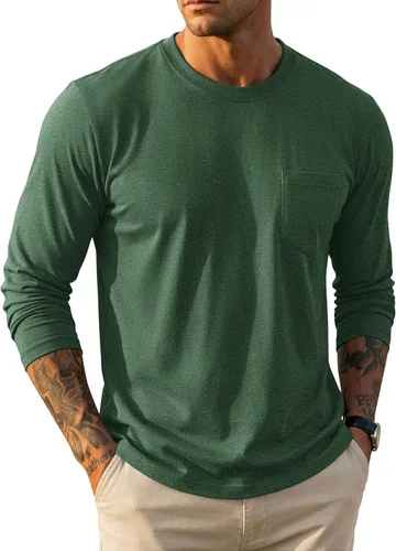 Vista 22 de MAGCOMSEN Camisa de manga larga para hombre con bolsillo, de algodón, cuello redondo, casual, ligera