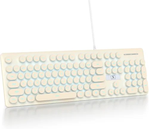 Vista 10 de Teclado de máquina de escribir retro con cable, teclado silencioso de computadora iluminado con 104 teclas redondas de tamaño completo, Azul
