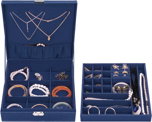 Vista 2 de MOSISO Joyero organizador apilable de doble capa con cerradura para mujeres, collar de terciopelo, aretes, pulsera, anillo y broche, color azul