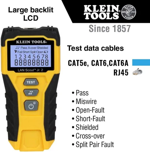 Vista 3 de Klein Tools Kit de probador de cables con pelacables, engarzador, herramientas de corte y enchufes de datos RJ45
