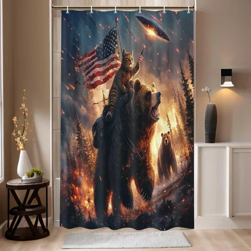 Vista 16 de Divertida cortina de ducha con diseño de gato con gorila en la selva, decoración de baño de animales humorísticos en blanco y negro, juego