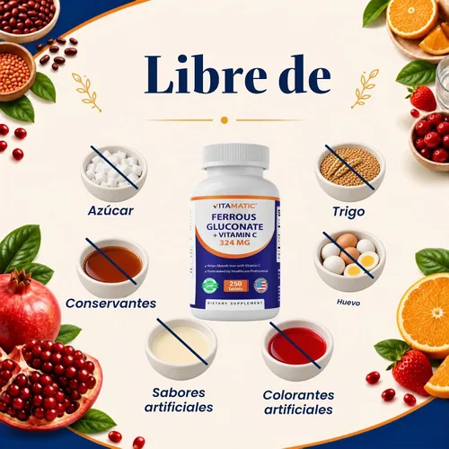 Vista 5 de Vitamatic Gluconato ferroso 324 mg + vitamina C 100 mg – Sin aditivos de color artificial – Suave para el estómago – 250 tabletas – Fabricado