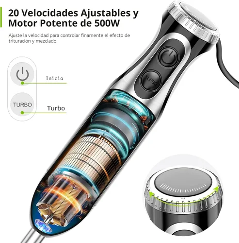 Vista 2 de Bonsenkitchen - Batidora de inmersión con procesador de alimentos, 20 velocidades y modo Turbo 4-in-1 Emulsion Hand Blender, Egg Whisk, 24 oz