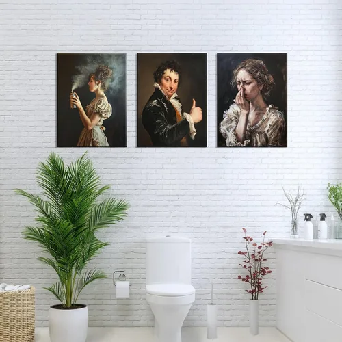 Vista 6 de PAINURA Juego de 3 impresiones en lienzo para pared de baño, retro, vintage, impermeables, perfectas para baño, cocina, sala de estar, dormitorio