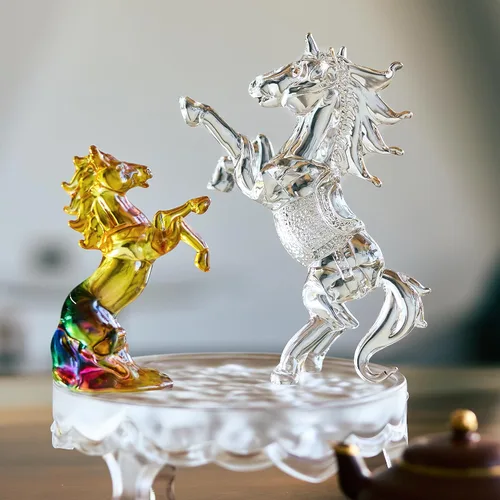 Vista 3 de YU FENG - Figura de caballo de cristal de 6.3 pulgadas, escultura animal de cristal transparente Rearing Horse Design, Handcrafted Glass Art