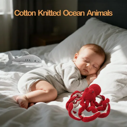 Vista 5 de Juego de 4 animales de peluche para bebé con 4 animales marinos, pulpo, tortuga, tiburón, ballena, juguete de ganchillo de 9 pulgadas, juguetes