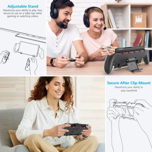 Vista 2 de Agarre de interruptor con soporte ajustable mejorado, compatible con Nintendo Switch y OLED, agarre asimétrico OIVO con soporte ajustable y 5