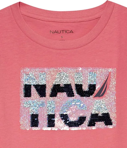 Vista 3 de Nautica Camiseta de manga corta para niña con diseño de lentejuelas abatibles, camiseta de algodón con interior sin etiqueta