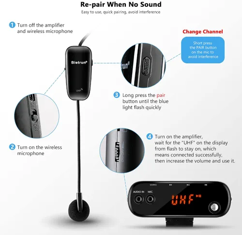 Vista 4 de Bietrun Amplificador de voz para profesores con Bluetooth, amplificador de voz inalámbrico recargable portátil con micrófono para auriculares