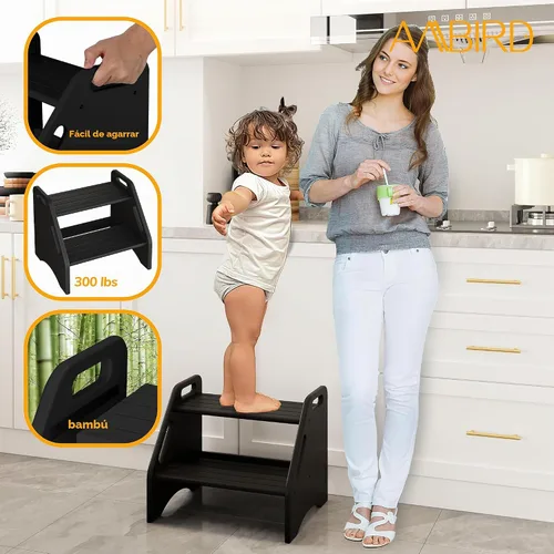 Vista 2 de AMBIRD Taburete de madera – Capacidad de dos pasos de 300 libras con almohadillas antideslizantes de seguridad y asas, bambú para baño, cocina Negro