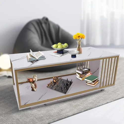 Vista 8 de Mesa de centro de mármol, mesa de centro moderna de mármol sintético de 2 niveles, mesa auxiliar rectangular con marco de metal dorado, mesa de café