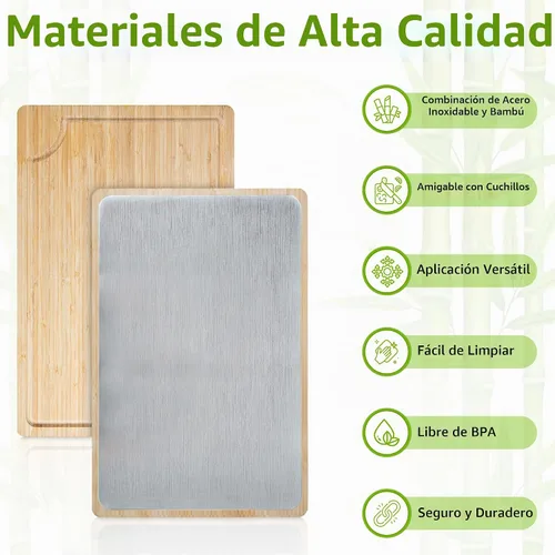 Vista 2 de GR Kraft - Tablas de cortar de doble cara de acero inoxidable y bambú, no tóxicas, duraderas, con diseño apto para cuchillos, sin microplásticos