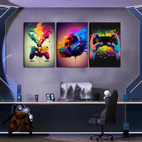 Vista 2 de Juego de Arte de Pared para Decoración de Sala de Juegos de 3 Piezas - Decoración de Pared de Control de Videojuegos para Gamers, Póster de Lienzo