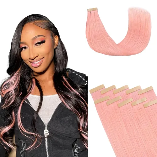Vista 45 de Extensiones de cabello Lashey de 14 pulgadas; extensiones de cabello humano real lacio color negro azabache con trama adhesiva para mujeres, 20