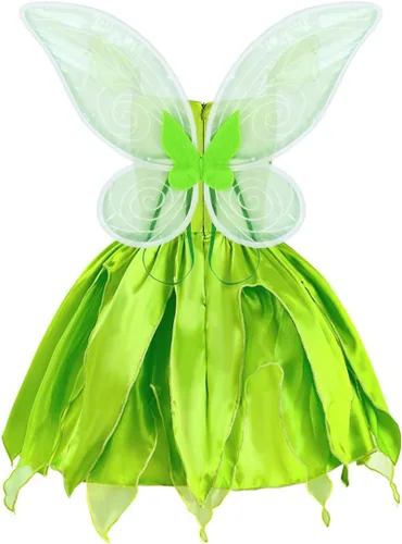 Vista 5 de Disfraz de hada de flores, conjunto de disfraz de princesa para niñas, Tinker Bell ropa para Halloween, disfraz de cosplay con ala, verde