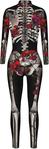 Vista 4 de CUEPANDA Disfraz de Halloween para mujer, disfraz de esqueleto, overol de manga larga con estampado 3D de calavera, traje de cosplay
