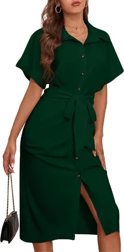 Vista 4 de LYANER Vestido midi de manga corta con cuello y botones para mujer