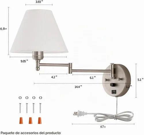 Vista 5 de Apliques de pared con brazo oscilante, lámpara de pared enchufable, lámpara de pared para dormitorio, pantalla de tela blanca, con interruptor Níquel