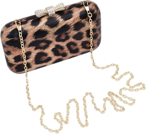 Vista 3 de Elegante leopardo PU cuero Crystal Bow Top duro embrague bolso de noche