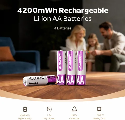 Vista 2 de imuto Paquete de 4 baterías de litio AA recargables de 4200 mWh, alta potencia de 1.5 V, hasta más de 2500 ciclos, tecnología de sellado CBPI