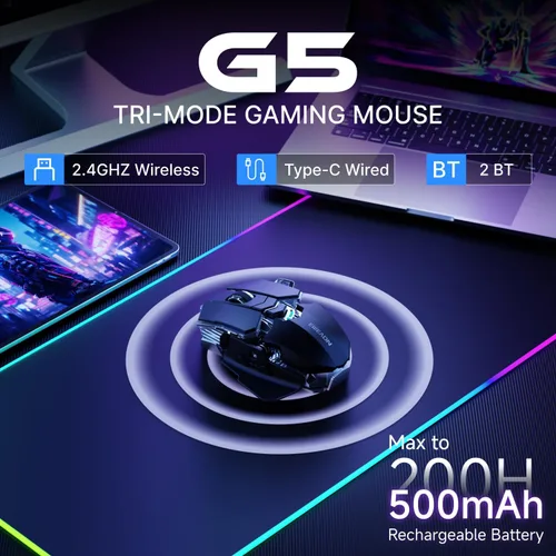 Vista 3 de EWEADN G5 - Mouse inalámbrico para juegos, 12800 DPI RGB ajustable con 6 modos retroiluminados, llave de fuego rápido, 9 botones macro programables