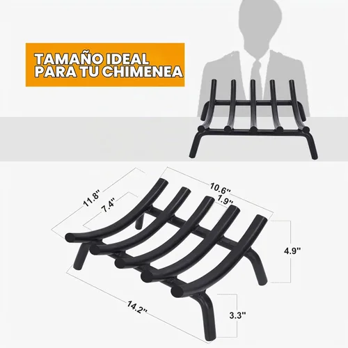 Vista 3 de Rejilla para chimenea de acero sólido redondo de 14 pulgadas, barra de 3/4" - Soporte resistente de hierro fundido forjado para interiores