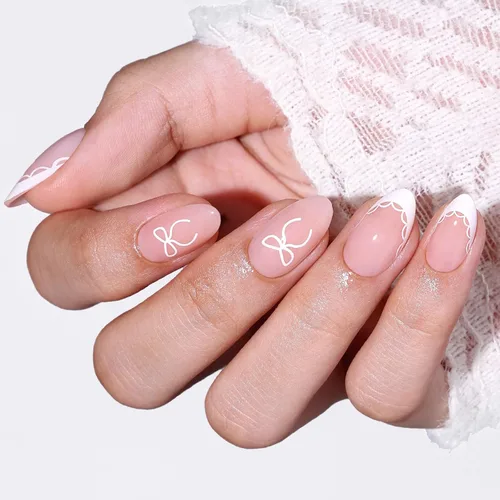Vista 19 de Modelones Uñas postizas a presión color rosa almendra, uñas postizas cortas de primavera, kit de uñas reutilizables con pegamento de uñas, mini lima