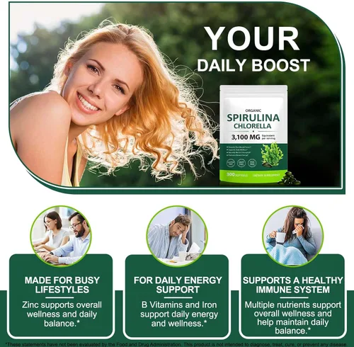 Vista 7 de Cápsulas de Spirulina Chlorella, mezcla de superverdes 17 en 1 rica en proteínas, clorofila, vitaminas, apoya la energía, la salud inmune