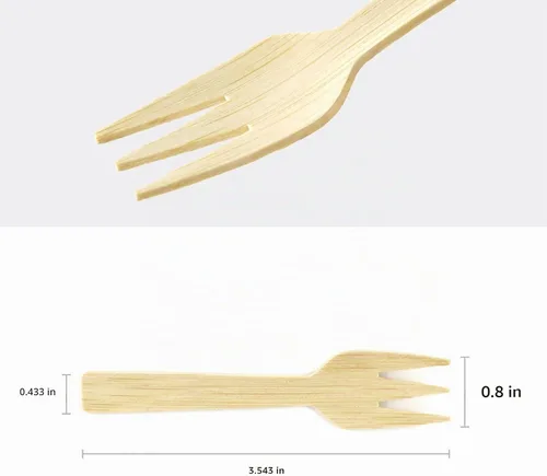 Vista 2 de Utensilios de bambú 200PK Mini tenedores de bambú 3.54 pulgadas desechables pequeños 100% biodegradables compostables cubiertos cubiertos
