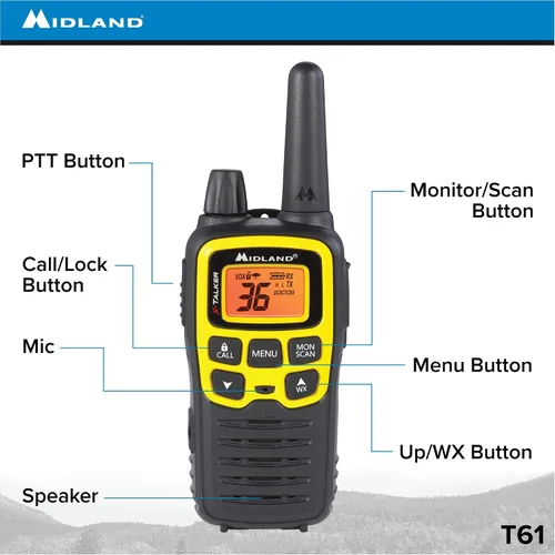 Vista 2 de Midland T61VP3 Radio bidireccional FRS de 36 canales - Walkie Talkie de hasta 32 millas de alcance - Amarillo/Negro (paquete de 6)