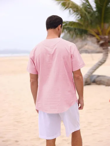 Vista 6 de Pengfei Camisas de lino de algodón para hombre, con cordones, cuello en V, casual, playa, hippie, camisas con cordón