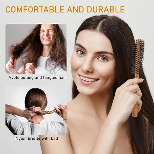 Vista 6 de Cepillo redondo con punta de bola con mango de madera y cerdas de nailon para cabello corto, flequillo, barbas de hombres y secado por soplado