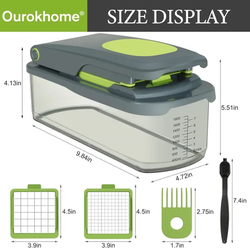 Vista 5 de Picadora de verduras Ourokhome con recipiente, picadora manual de verduras con 2 cuchillas de corte para tiras de papa, cubos de cebolla, palitos
