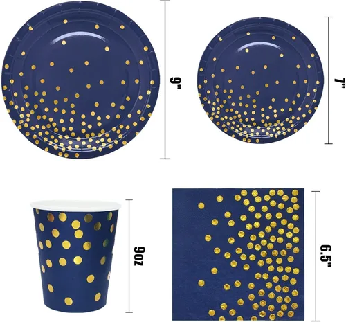 Vista 3 de 175 platos y servilletas azules para fiestas, decoraciones de fiesta azules y doradas para 25 invitados, platos de papel azul rey para decoraciones