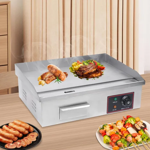 Vista 3 de Plancha eléctrica comercial de 3000 W, parrilla superior plana, placa caliente, barbacoa, antiadherente, grande, control termostático ajustable